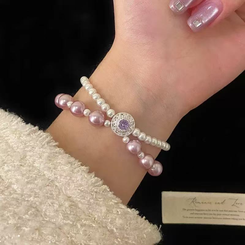 Pink Rose Double Chain Pearl Bracelet