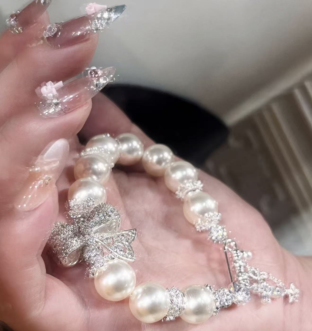 Sparkling Bow Pearl Bracelet &Necklece