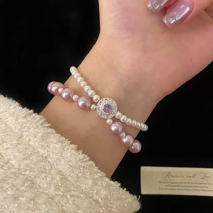 Pink Rose Double Chain Pearl Bracelet
