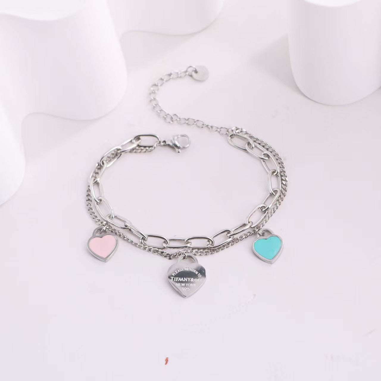 TF Double Chain bracelet with pink and blue heart