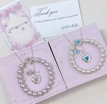 Dreamy Heart Crown Pearl Bracelet with a matching necklace & earrings set