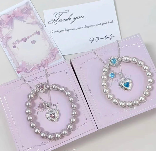 Dreamy Heart Crown Pearl Bracelet with a matching necklace & earrings set