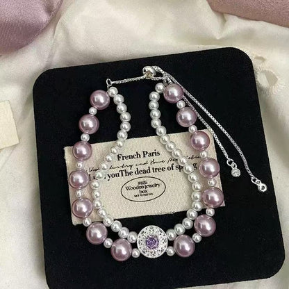 Pink Rose Double Chain Pearl Bracelet