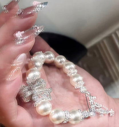 Sparkling Bow Pearl Bracelet &Necklece