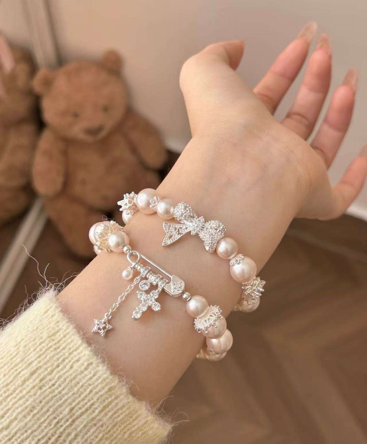 Sparkling Bow Pearl Bracelet &Necklece