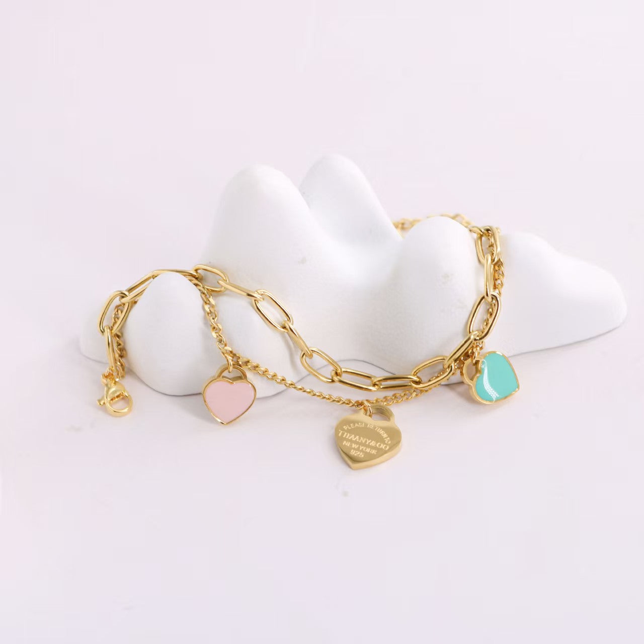 TF Double Chain bracelet with pink and blue heart