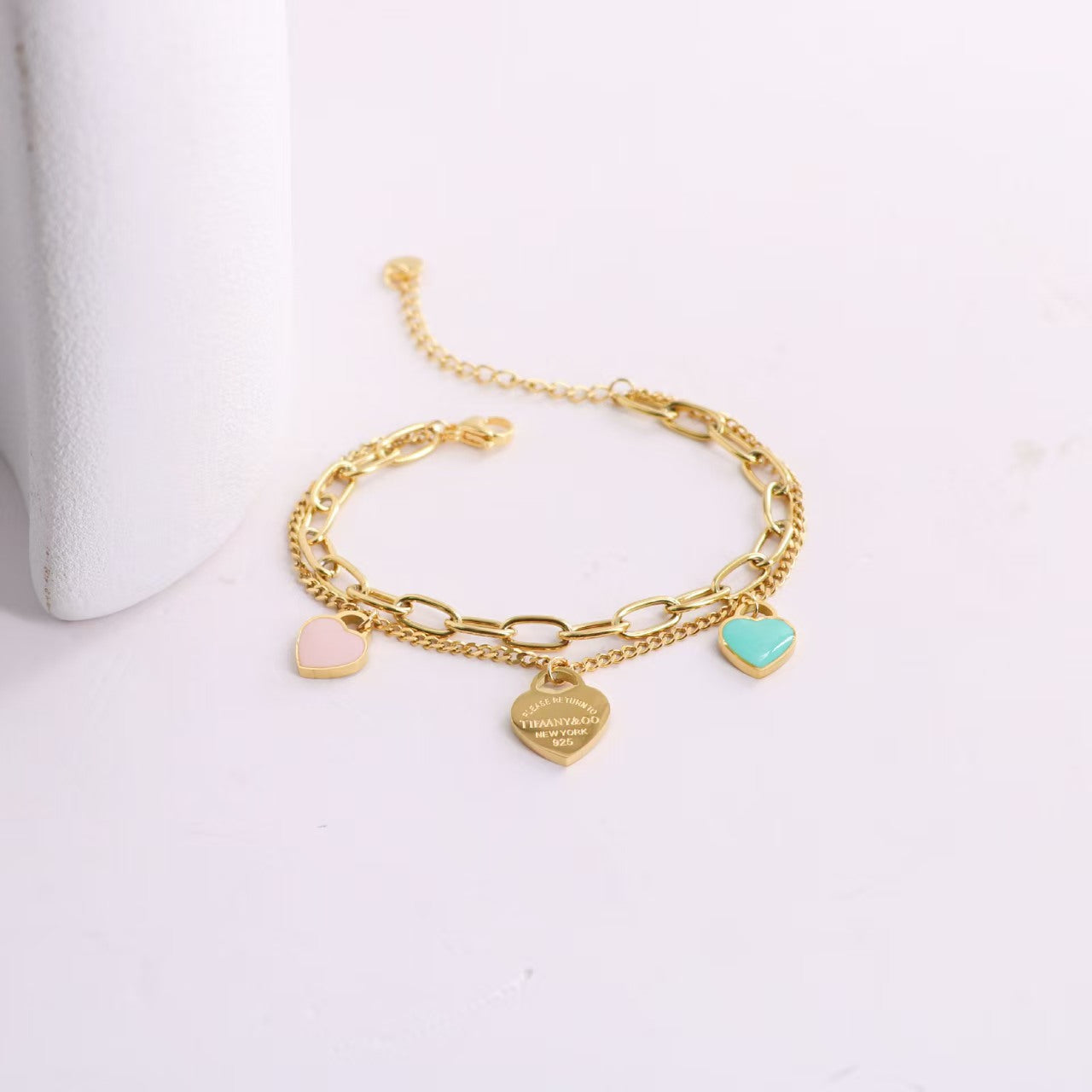 TF Double Chain bracelet with pink and blue heart
