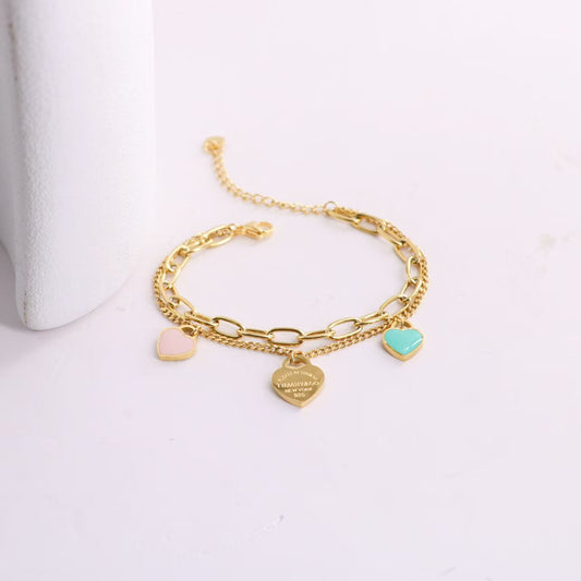 TF Double Chain bracelet with pink and blue heart